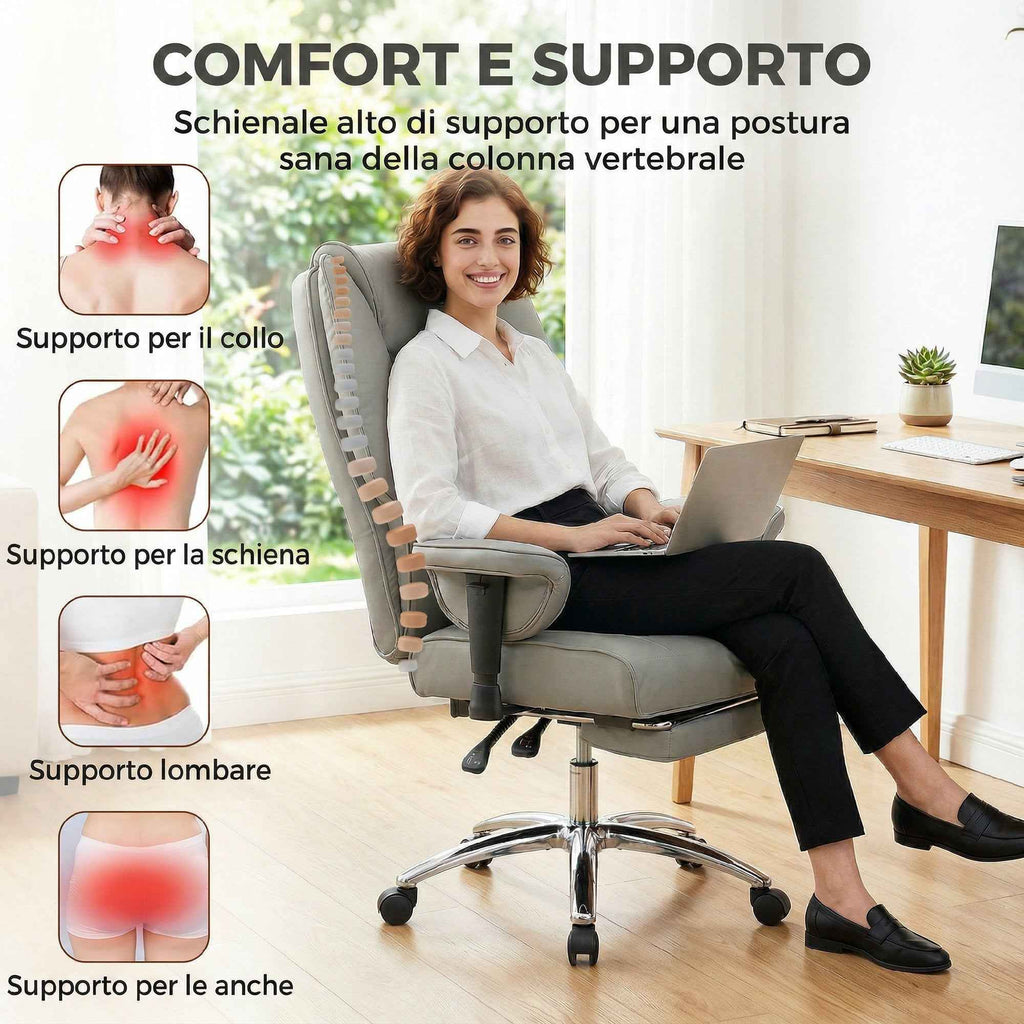 HOMCOM Ergonomic Reclining Office Chair with Footrest, High Back, Adjustable Height, Light Grey