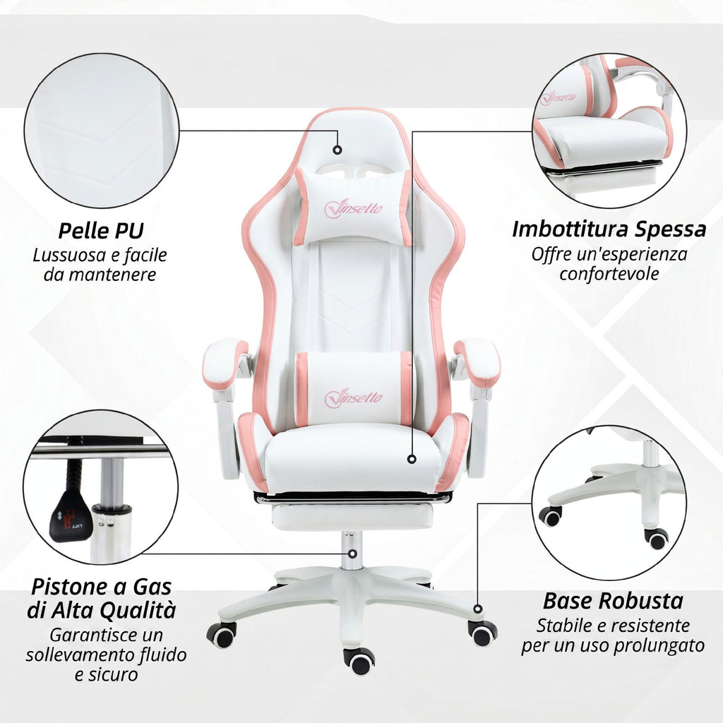 Vinsetto Gaming Chair with Adjustable Height and Reclining Backrest, 65x65x121-129 cm, White and Pink