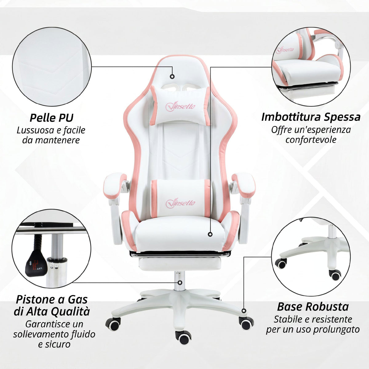 Vinsetto Gaming Chair with Adjustable Height and Reclining Backrest, 65x65x121-129 cm, White and Pink