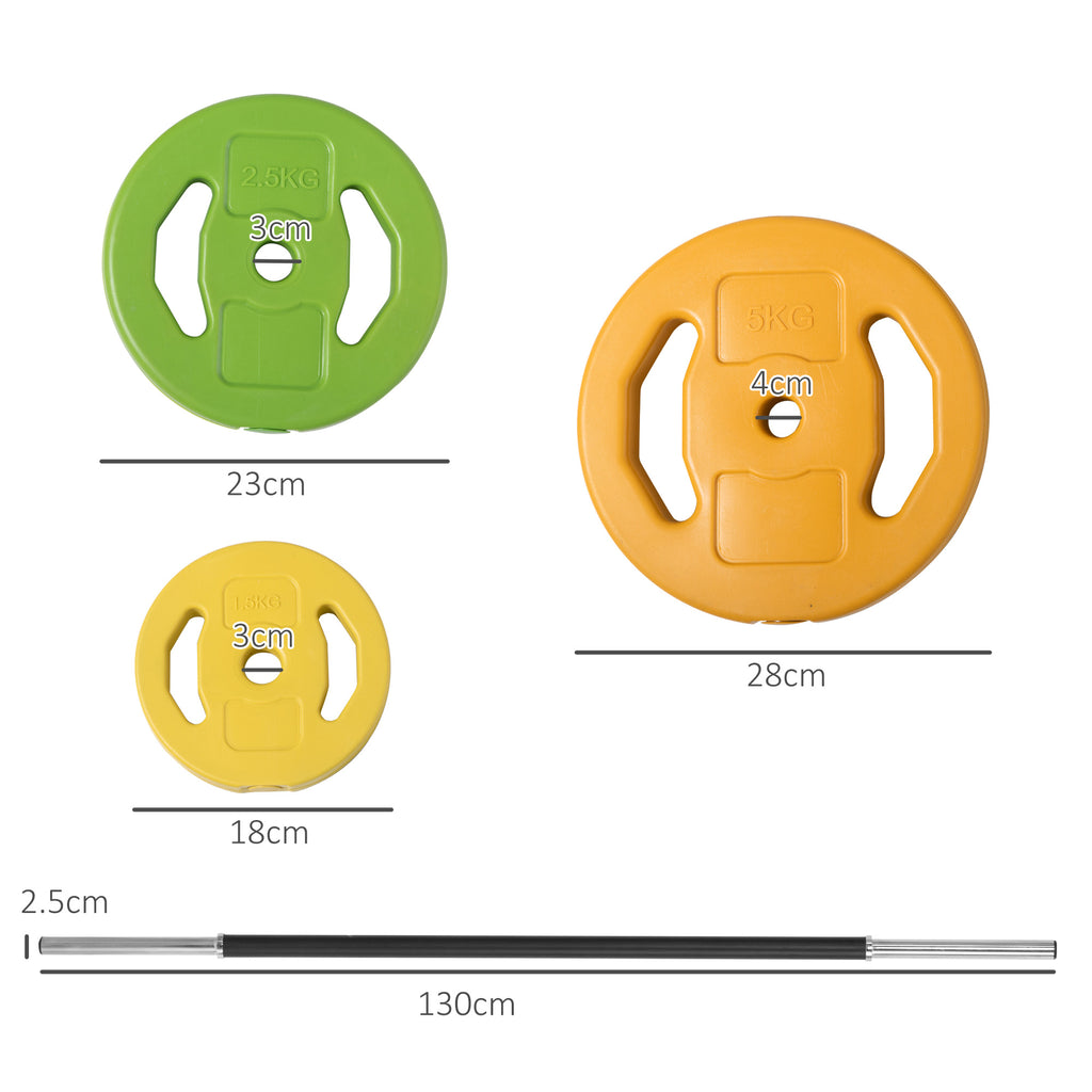 20kg Non-Slip Barbell and Disc Set with 6 Weights and 2 Fixing Clips, Ø28x130 cm, Multicolour