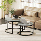 HOMCOM Set of 2 Round Coffee Tables with Marble Effect Top, in Wood and Metal, Marble Grey