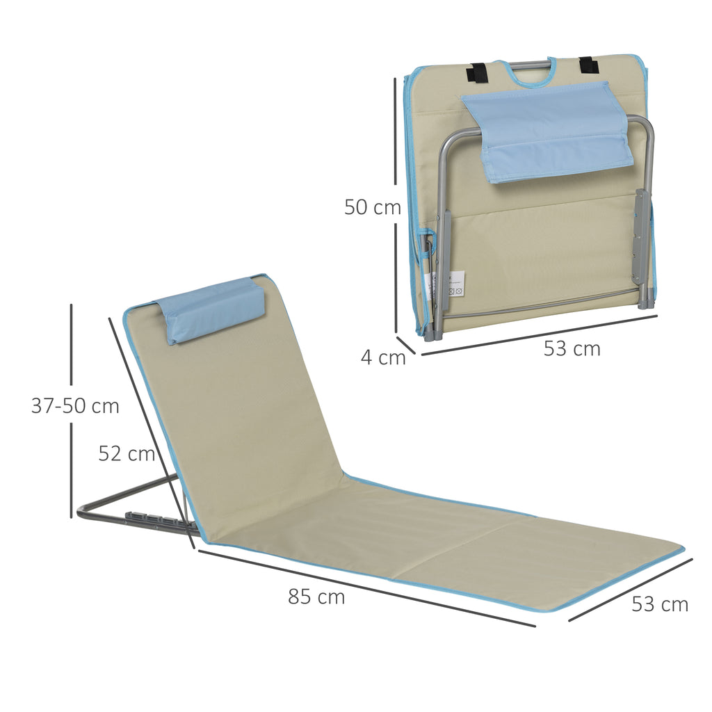 Set of 2 Folding Beach Chairs with Adjustable Backrest and Headrest, 53x124x35-45 cm, Beige and Light Blue