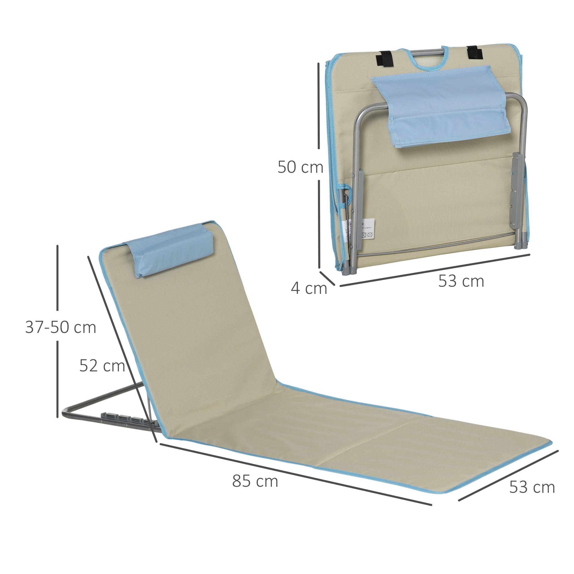 Set of 2 Folding Beach Chairs with Adjustable Backrest and Headrest, 53x124x35-45 cm, Beige and Light Blue