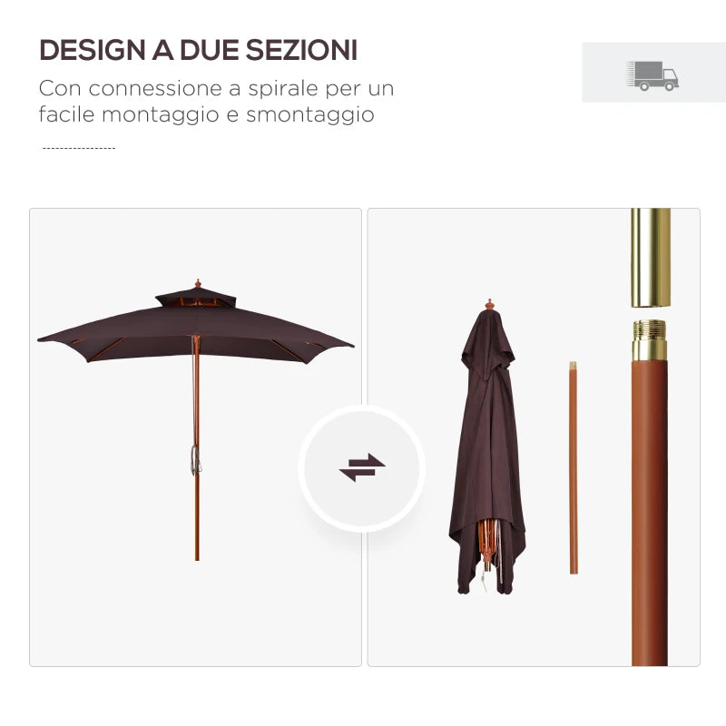 3x3 m Garden and Terrace Umbrella with 8 Ribs and 2-Tier Parasol Cover, Brown - Borge' Group Limited