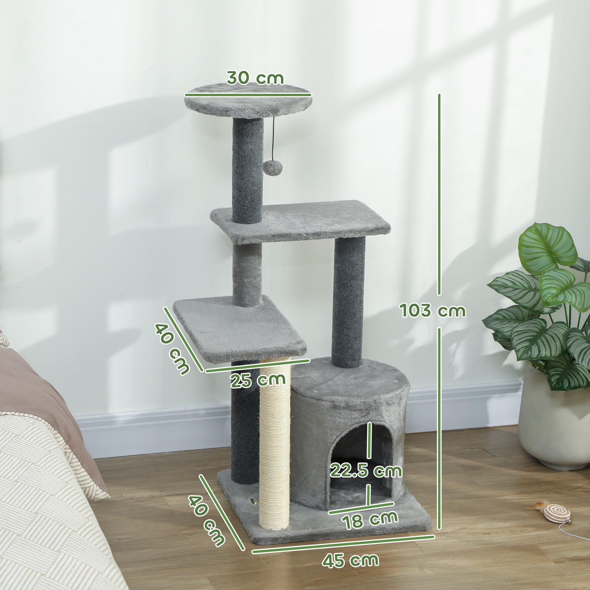 103cm Multi-Level Cat Tree with Sisal Scratching Posts, Playhouse and Plush Ball, Grey