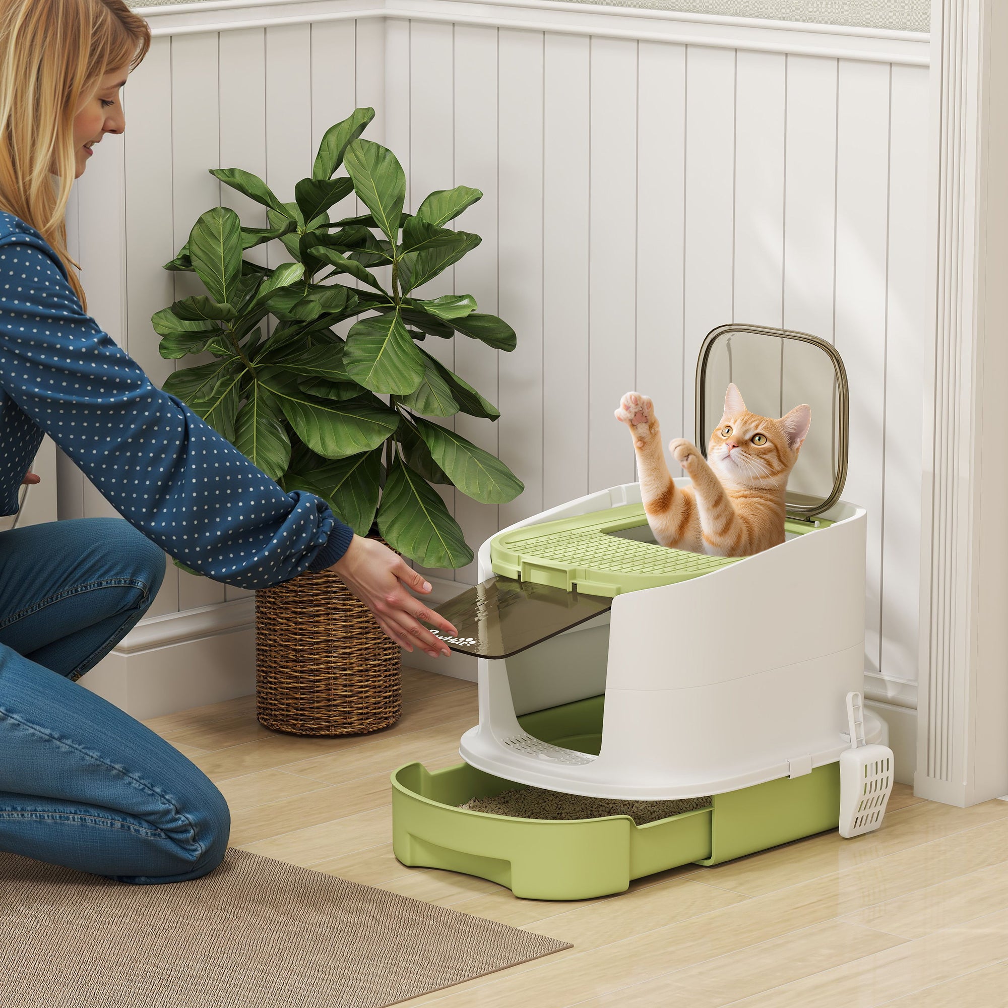 Enclosed Cat Litter Box with 2 Doors, Removable Tray, Scoop and Deodorizer, in PP, 40.5x52.5x42.5 cm, Green