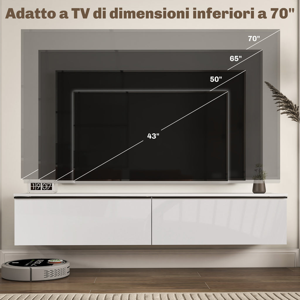 Wall-Mounted TV Cabinet with Wooden Drop-Door Cabinets, 160x35x30 cm, Gloss White