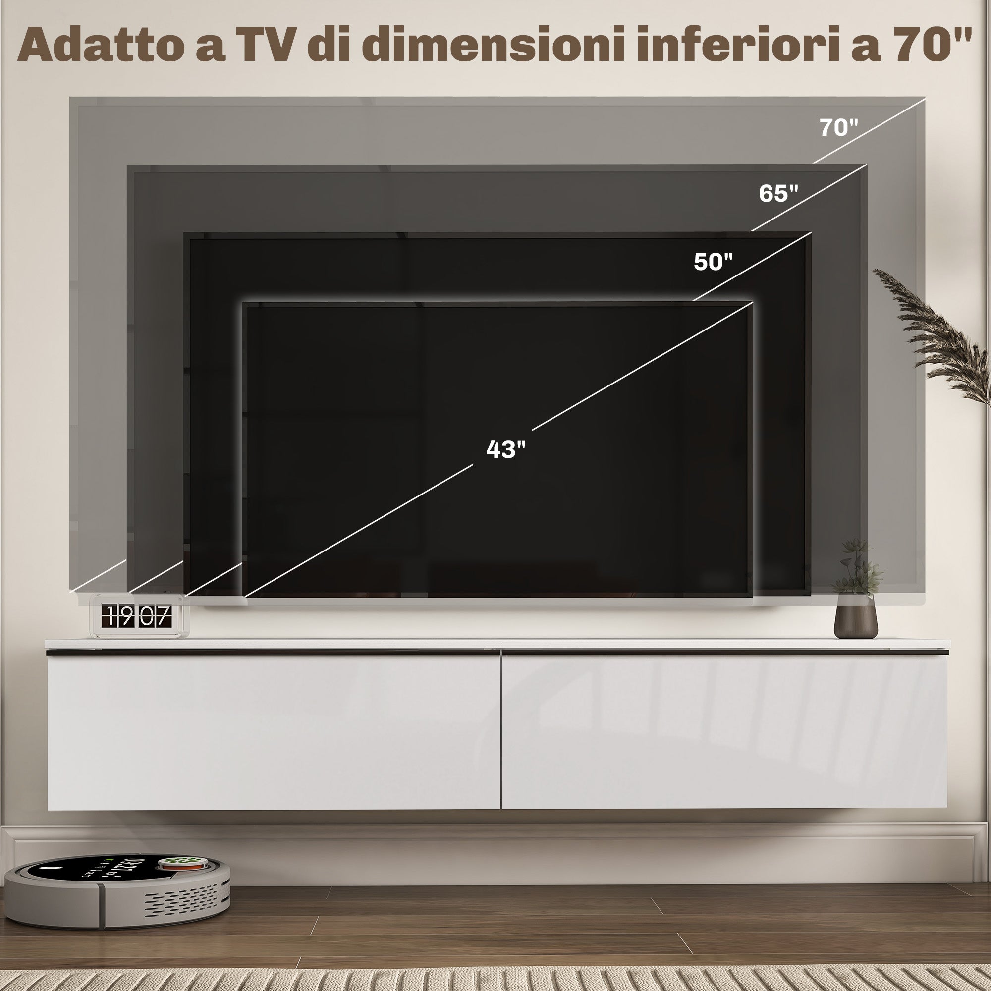 Wall-Mounted TV Cabinet with Wooden Drop-Door Cabinets, 160x35x30 cm, Gloss White