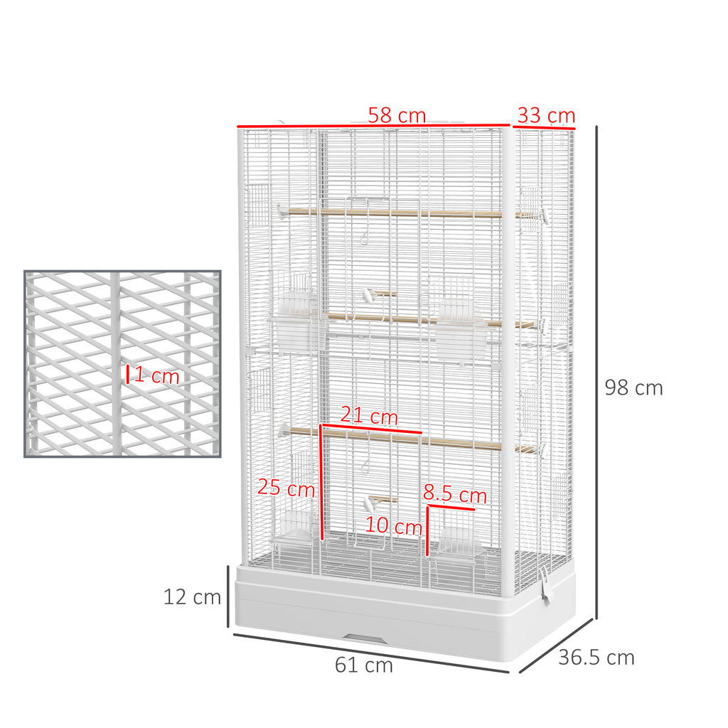 PawHut Bird Cage with Removable Tray and Perches, Parrot Aviary, 61x36.5x98 cm, White