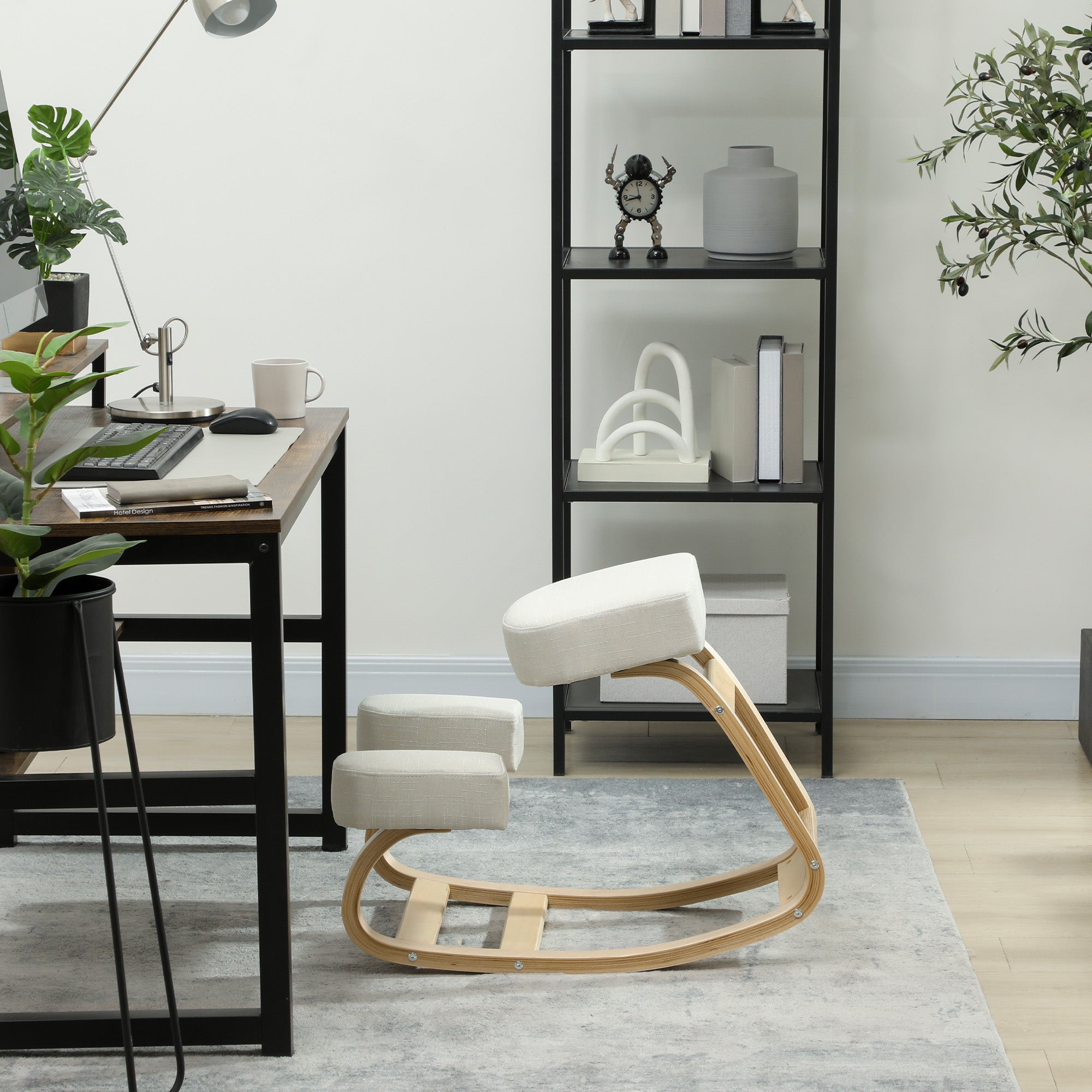 Ergonomic Chair with Birch Wood Kneeler and Cushion, 51x69x58 cm, Cream