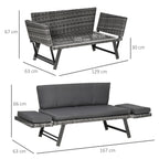 2 Seater Rattan Garden Sofa with Padding and Folding Armrests, 129x63x67cm, Grey