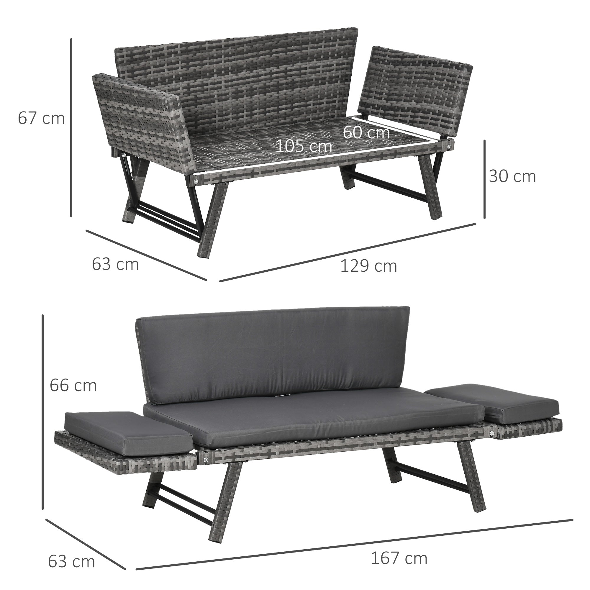 2 Seater Rattan Garden Sofa with Padding and Folding Armrests, 129x63x67cm, Grey