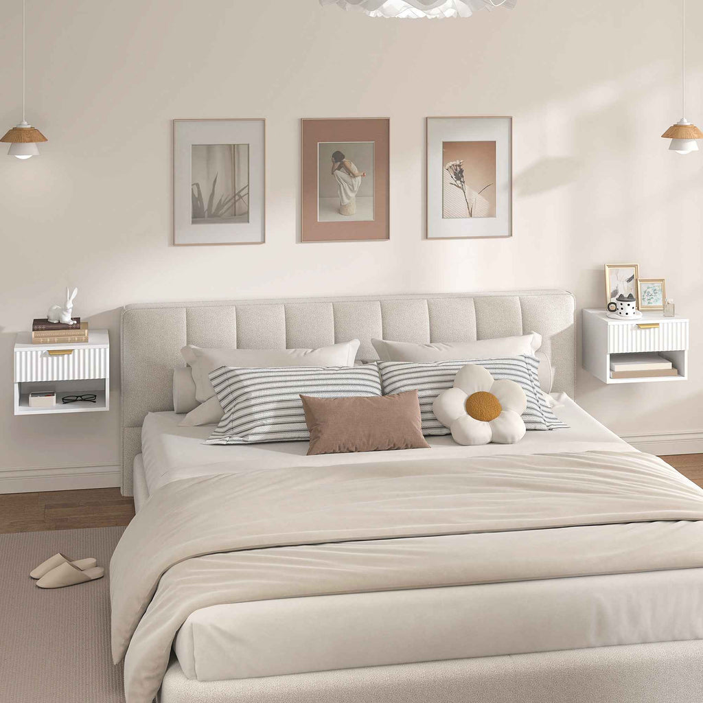 HOMCOM Set of 2 Floating Nightstands with Grooved Panels, Drawer and Shelf, 40x34x29 cm, White
