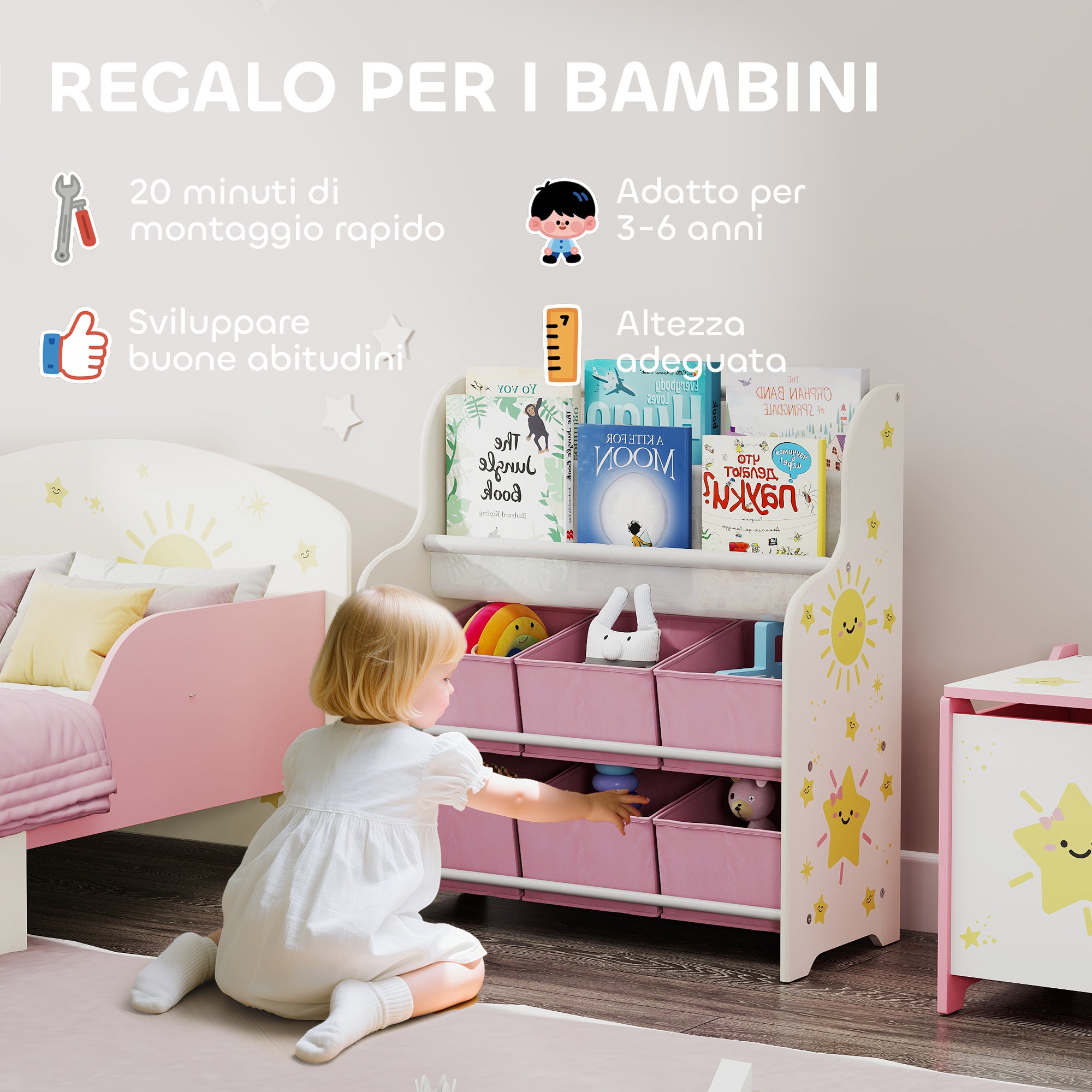 Toy Storage Shelf with 6 Fabric Drawers and 2-Tier Bookcase, Wood and Steel, 63x30x71 cm, Pink