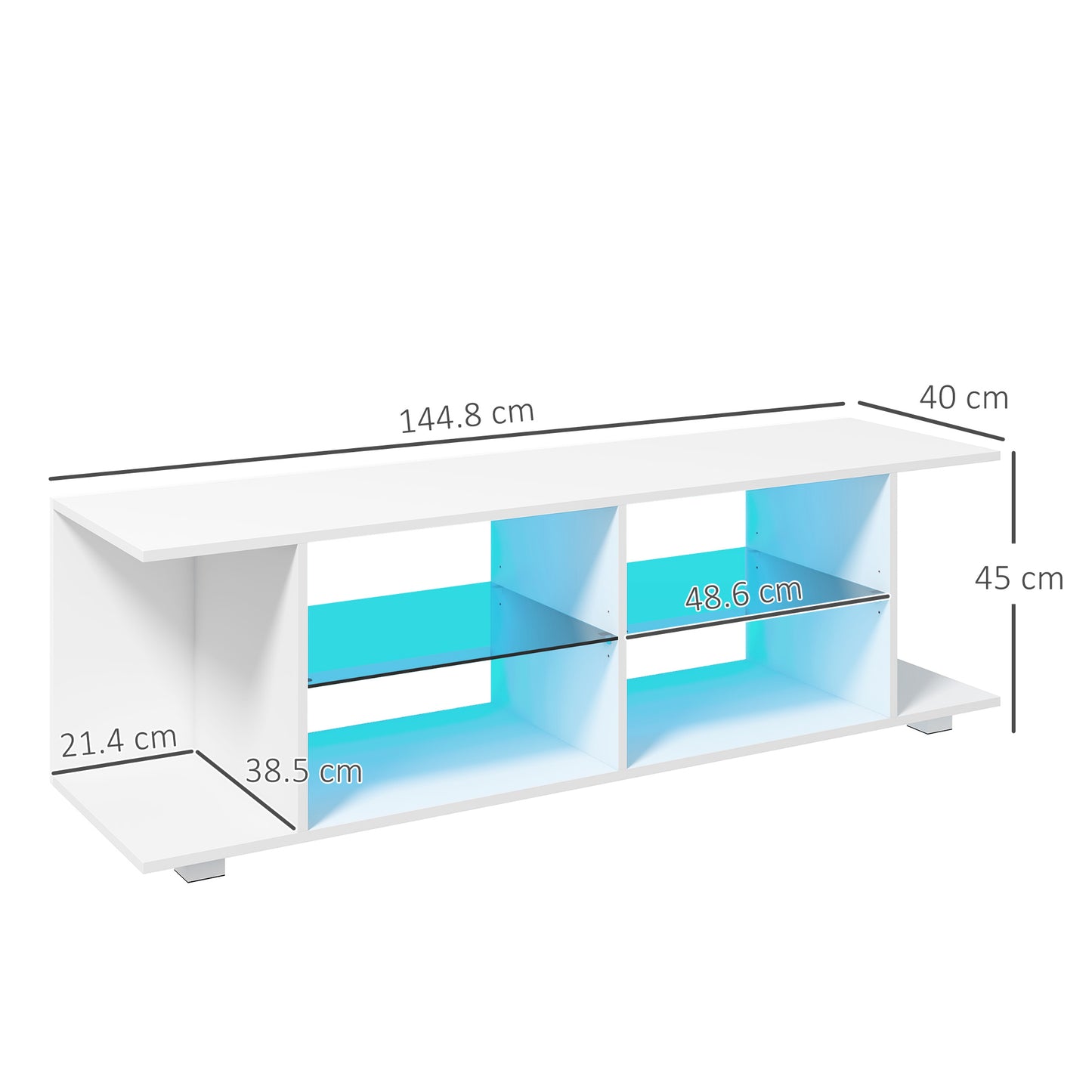 HOMCOM 60" TV Cabinet with 12 Color Lights and 2 Adjustable Shelves, in Chipboard and Glass, 144.8x40x45 cm, White