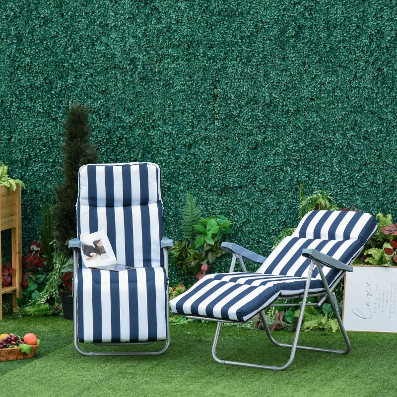 2-Piece Folding and Reclining Outdoor Lounge Chair, Sun Lounger with Padded Cushion, Blue and White - Borge' Group Limited