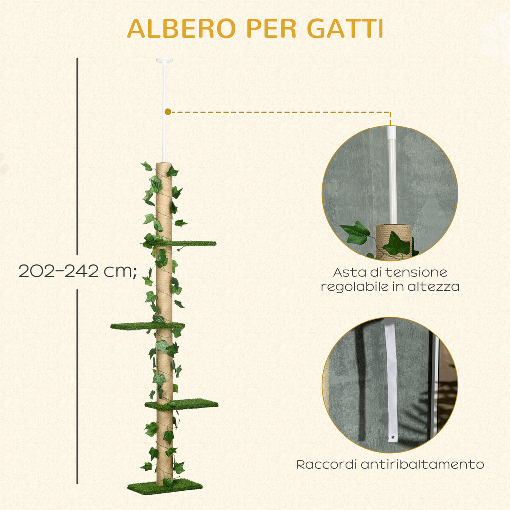 Cat Tree with Adjustable Tension Rod, 202-242 cm, Ceiling Mount, Green