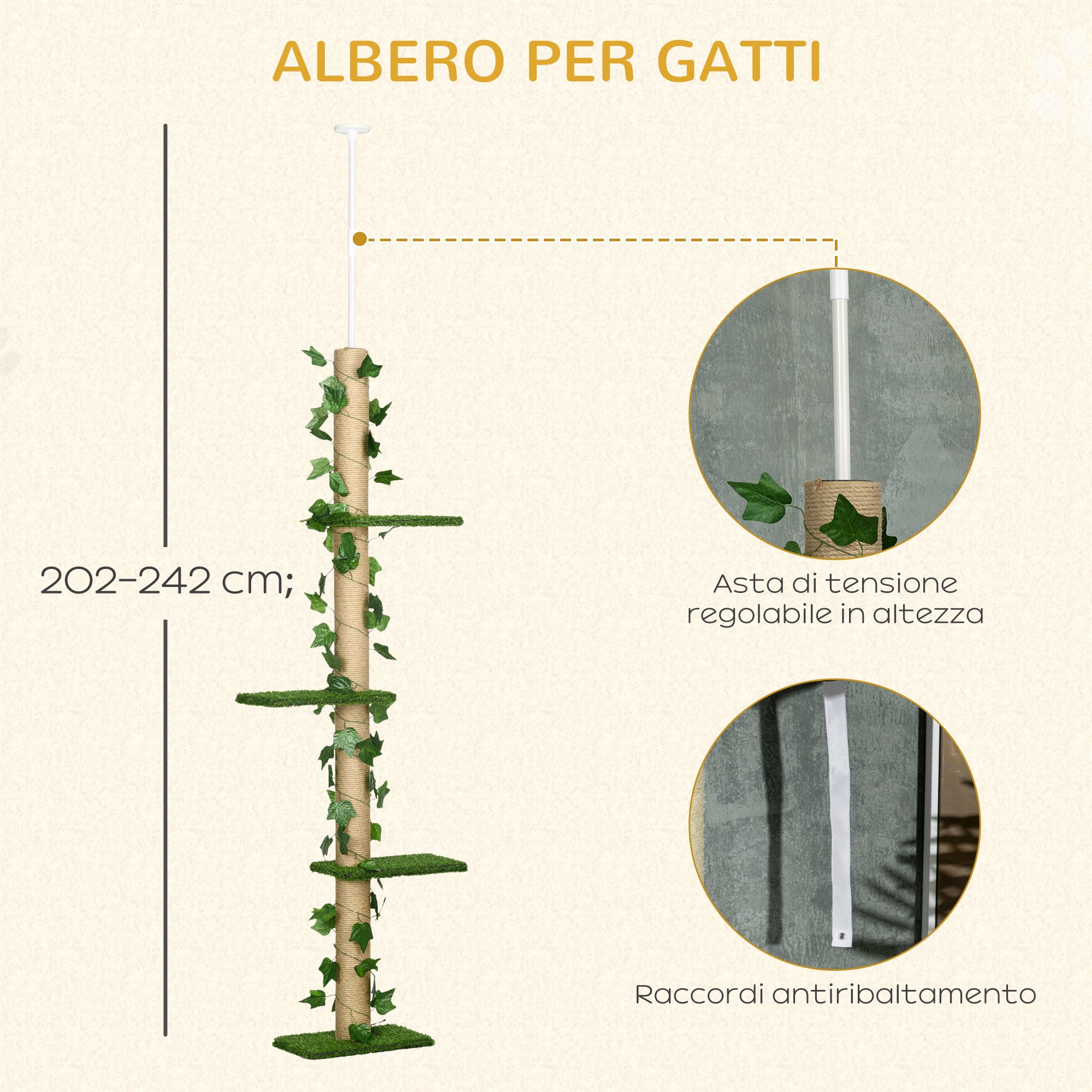 Cat Tree with Adjustable Tension Rod, 202-242 cm, Ceiling Mount, Green