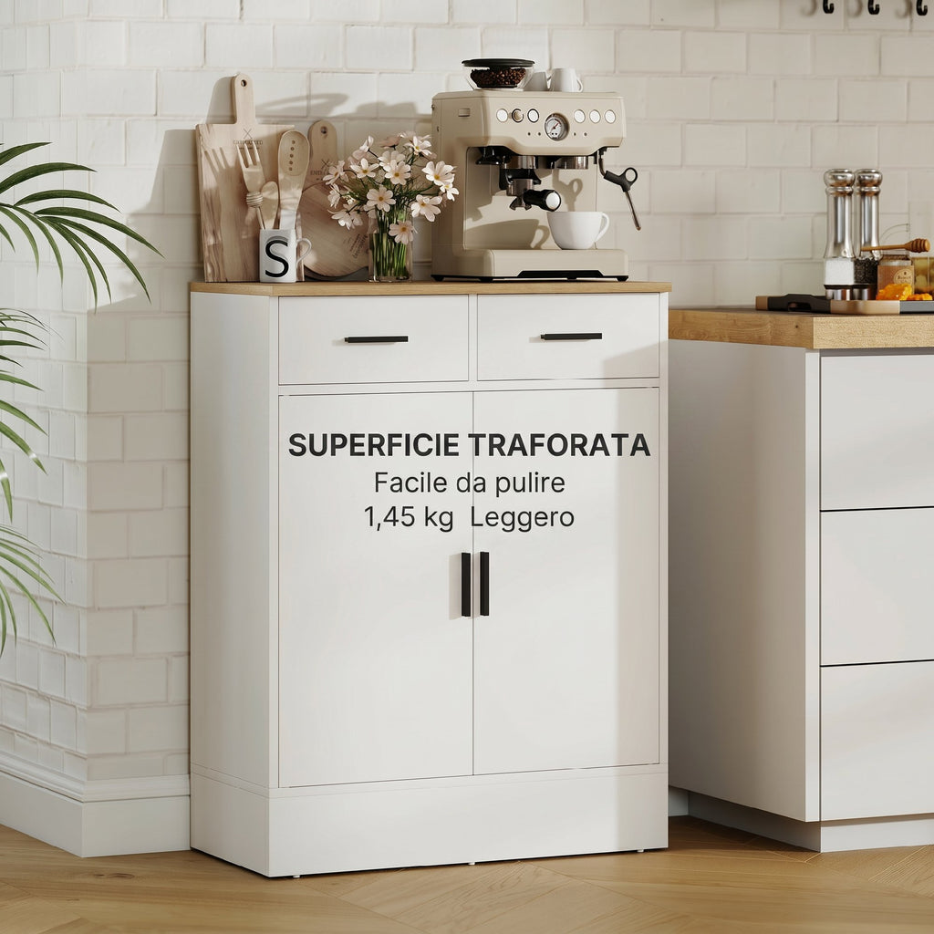 Modern Sideboard with 2 Drawers and 2 Doors, Adjustable Internal Shelf, White and Wood