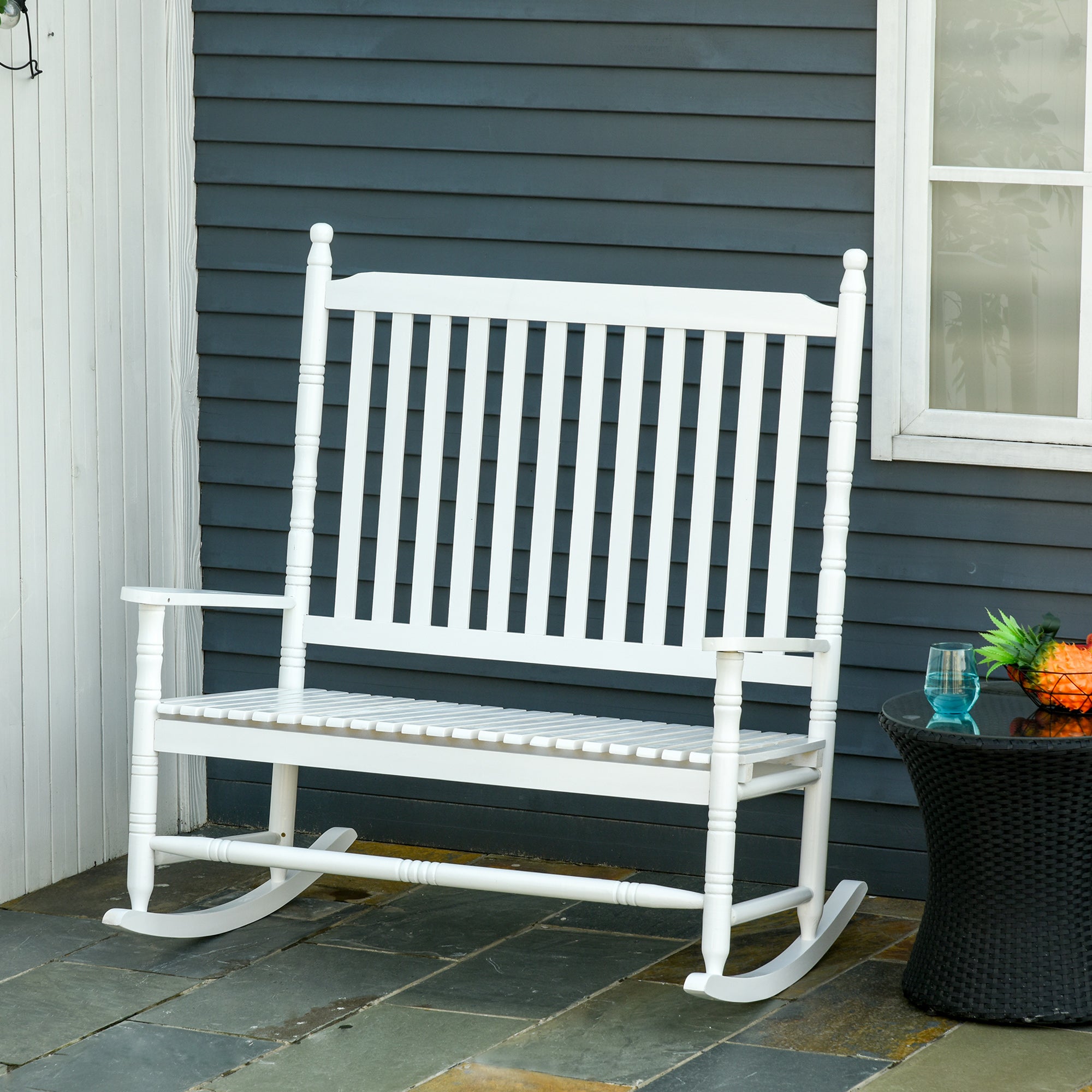 2-Seater Wooden Rocking Chair with High Back and Armrests, 117x85x120 cm, White