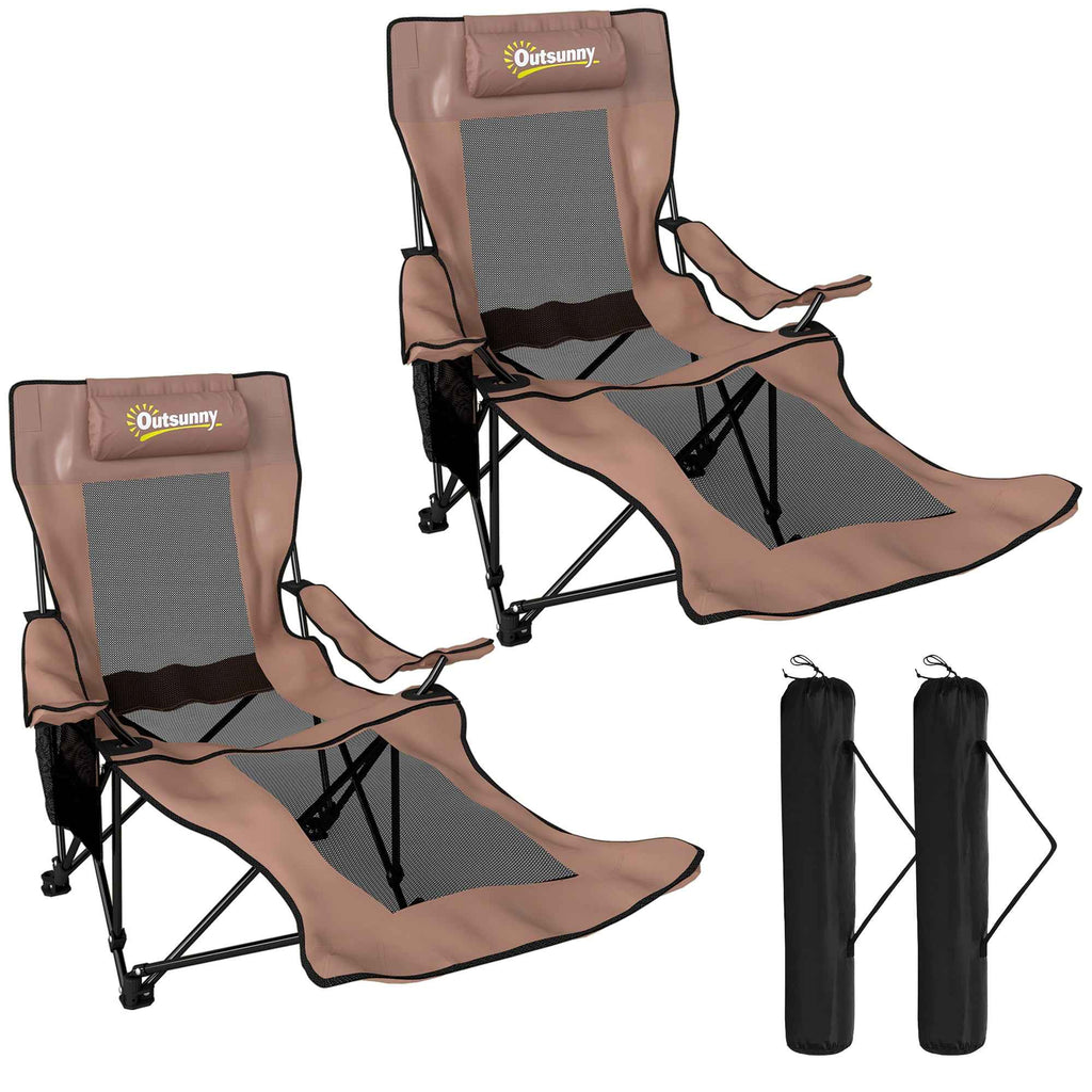 Outsunny Set of 2 Folding Camping Chairs in Oxford Fabric and Metal with Detachable Footrest, Brown and Black