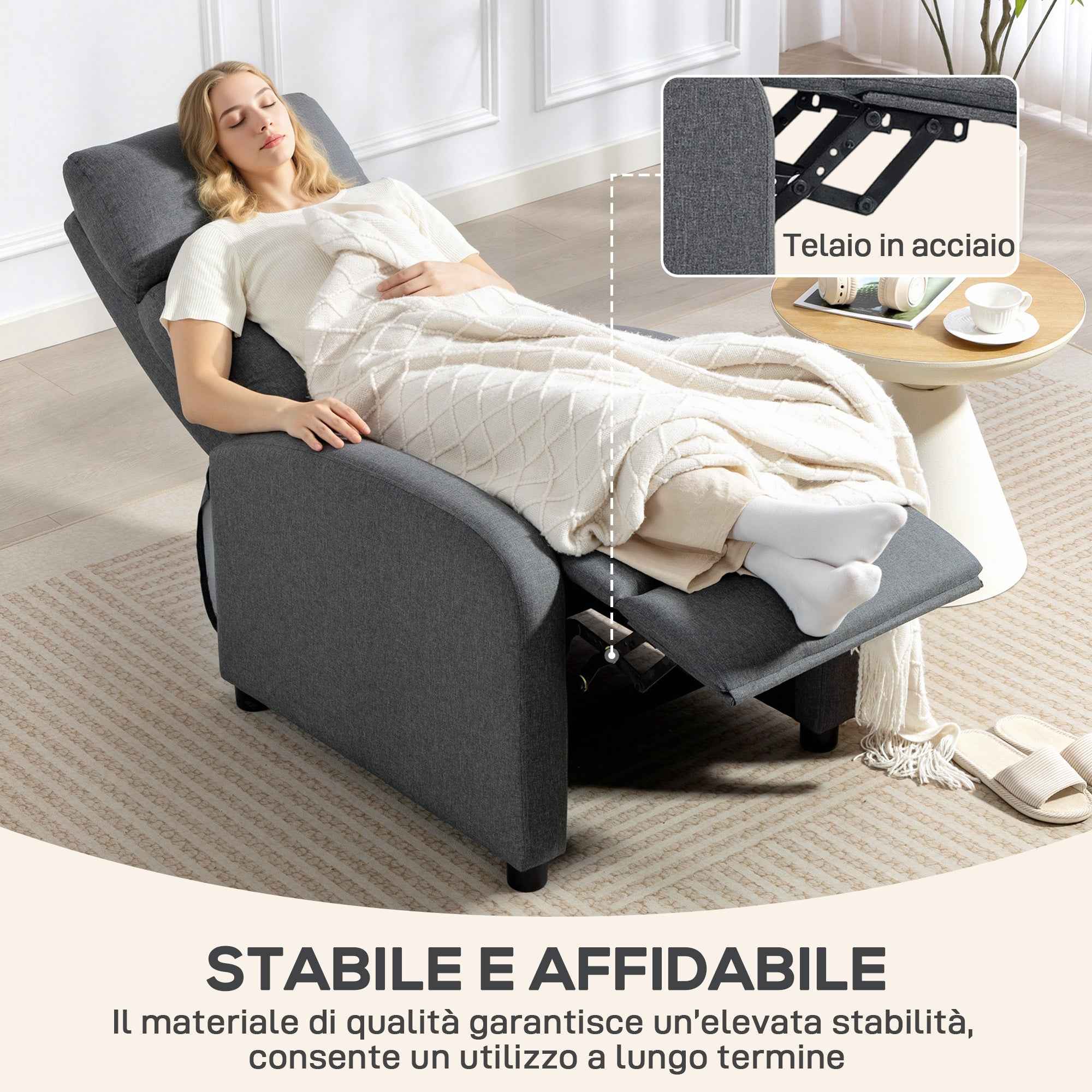HOMCOM Padded Relaxing Chair with 135° Reclining Angle and Fabric Footrest, 69x87x100.5 cm, Grey