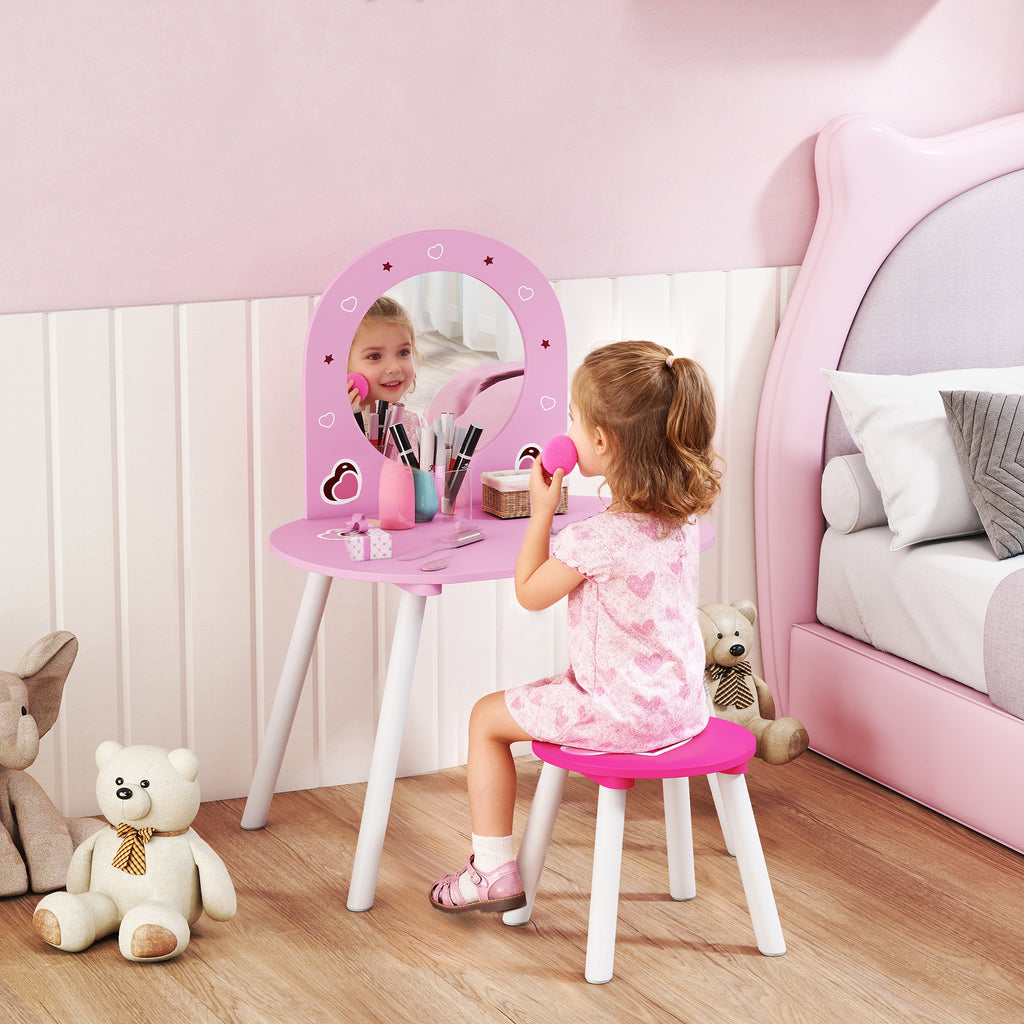 AIYAPLAY Girls' Makeup Vanity Set with Stool, Shatterproof Mirror, Heart Design, Pink