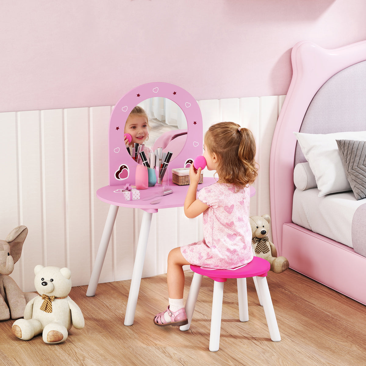 AIYAPLAY Girls' Makeup Vanity Set with Stool, Shatterproof Mirror, Heart Design, Pink