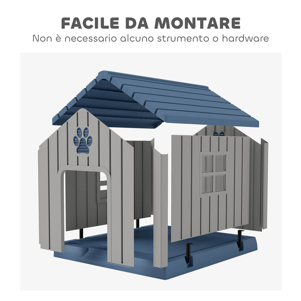 Waterproof Outdoor Dog House for Medium Dogs with Raised Base and Windows, 85x79x82 cm, Grey