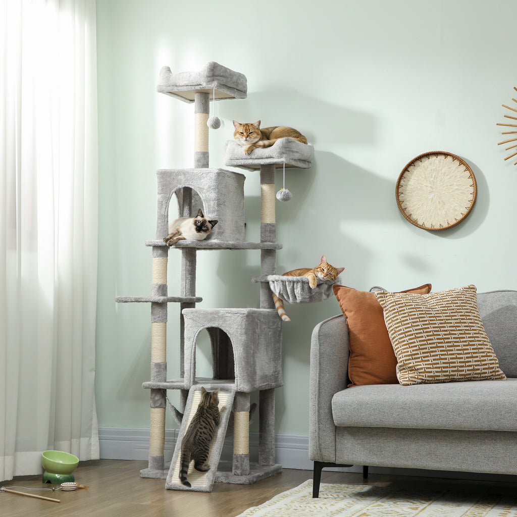 Cat Tree with 2 Cat Houses, 2 Cat Beds, Perch and 2 Balls, 48x40x177 cm, Light Grey and Beige