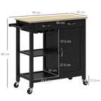 Classic Kitchen Trolley with Drawers, Wheels and 2-Door Space-Saving Cabinet 89x40x84cm, Black