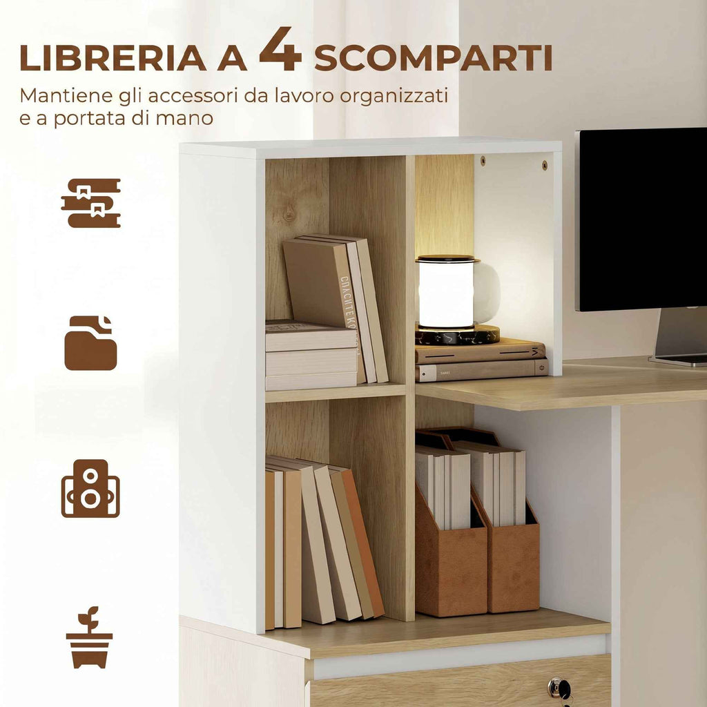 HOMCOM Desk with Bookcase, A4 Drawer, Letter Size, Legal Lock and 2 Keys, Space-Saving Desk, 126x50x109 cm, White