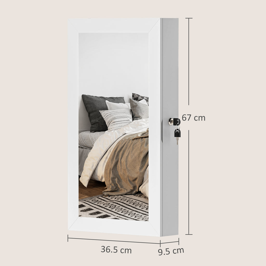 Wall-Mounted Mirrored Jewelry Cabinet with 2 Security Keys, Wooden, 36.5 x 9.5 x 67 cm, White