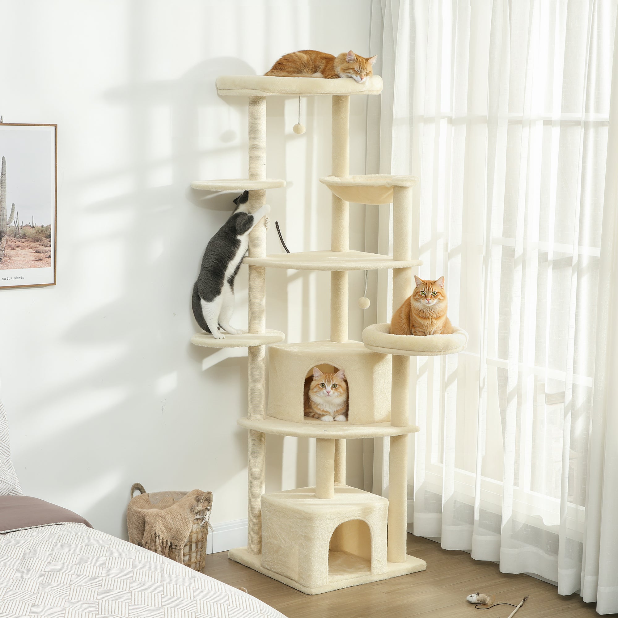 200cm High Multi-Level Cat Tree with 2 Houses, 2 Beds and Hammock, Structure for 2-3 Cats, Beige