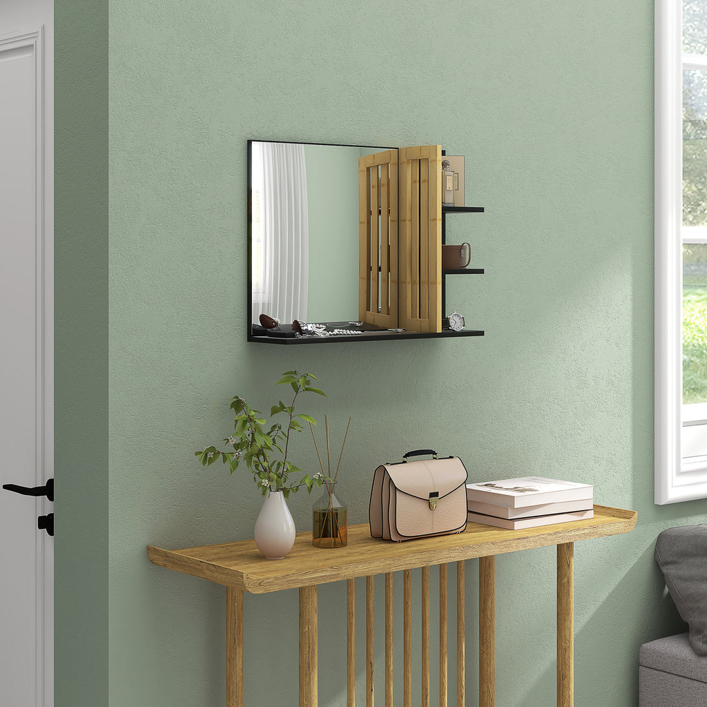 HOMCOM Modern Wall Bathroom Mirror with 4 Wooden Shelves, 45x15x58.5cm, Black - Borgè