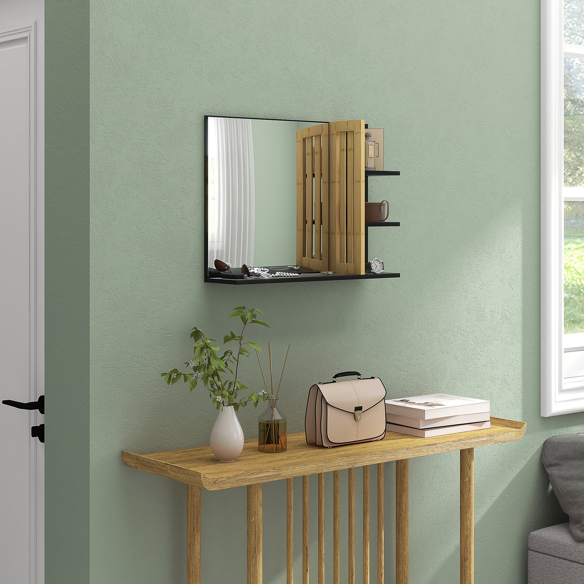 HOMCOM Modern Wall Bathroom Mirror with 4 Wooden Shelves, 45x15x58.5cm, Black - Borgè