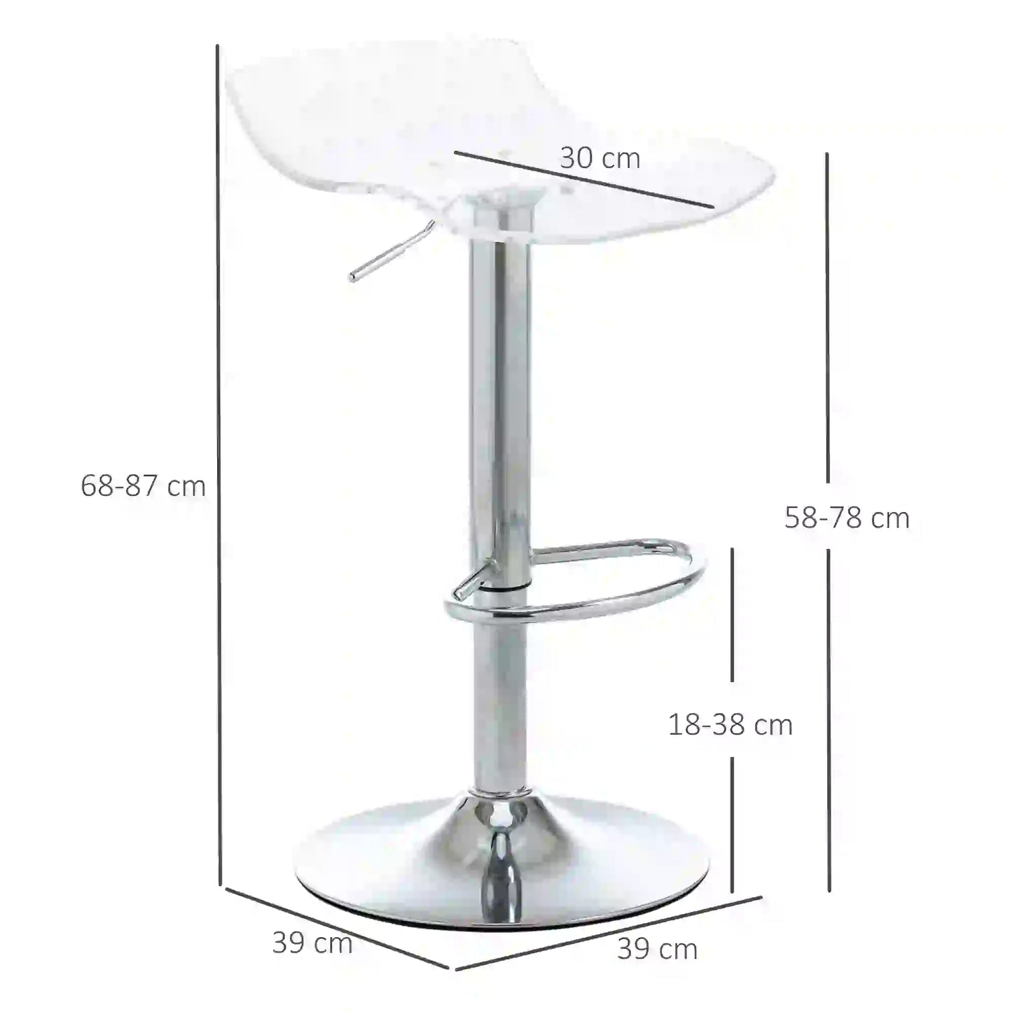 Set of 2 Bar Stools with Adjustable Height, Swivel Seat and Footrest, Metal and Acrylic, Transparent