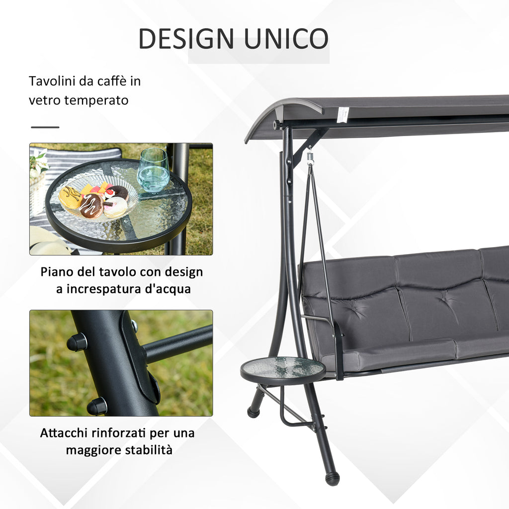 Outsunny 3-Seater Garden Swing, Outdoor Swing with Adjustable Canopy and 2 Side Tables, Grey 271x125x177cm