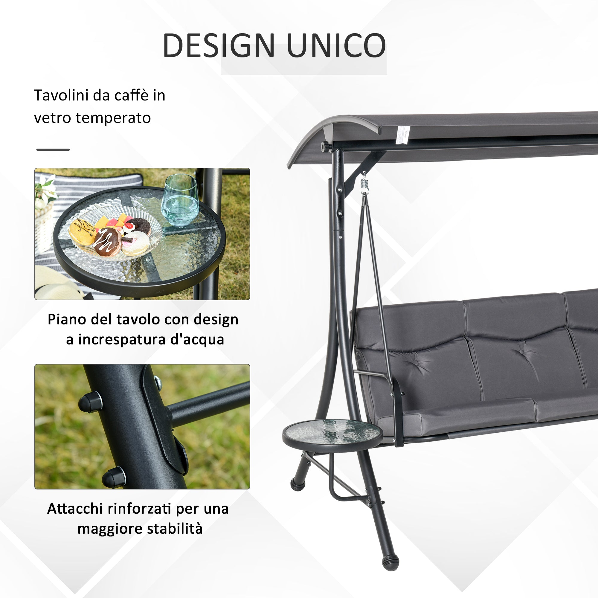Outsunny 3-Seater Garden Swing, Outdoor Swing with Adjustable Canopy and 2 Side Tables, Grey 271x125x177cm