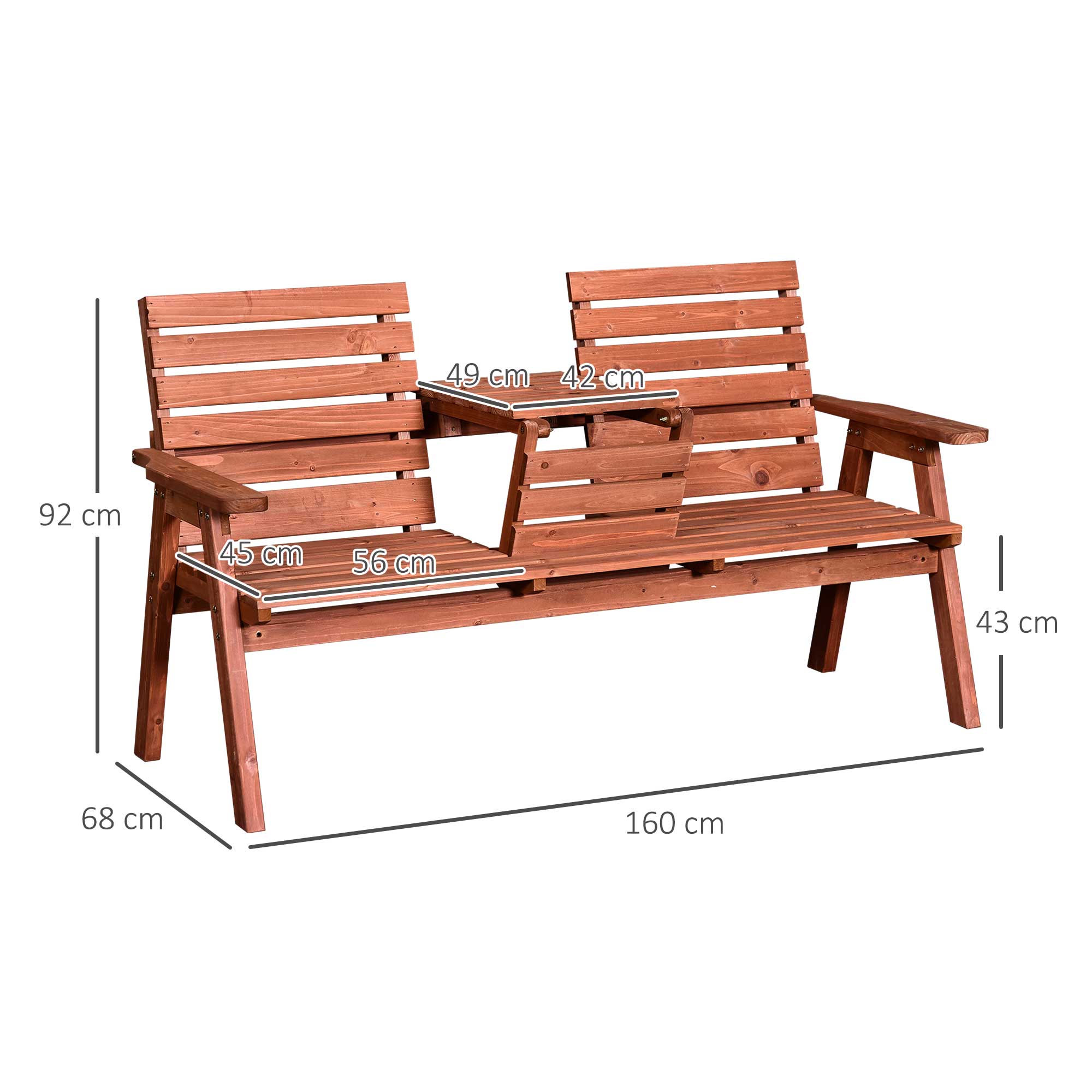 2 or 3-Seater Outdoor Bench in Fir Wood, Convertible Table in Seat, Waterproof, 160x68x92cm