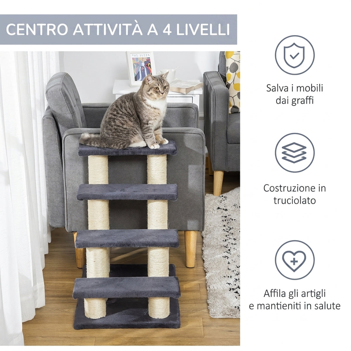 PawHut 4-Step Plush Dog and Cat Ladder with Sisal Scratching Posts, Grey