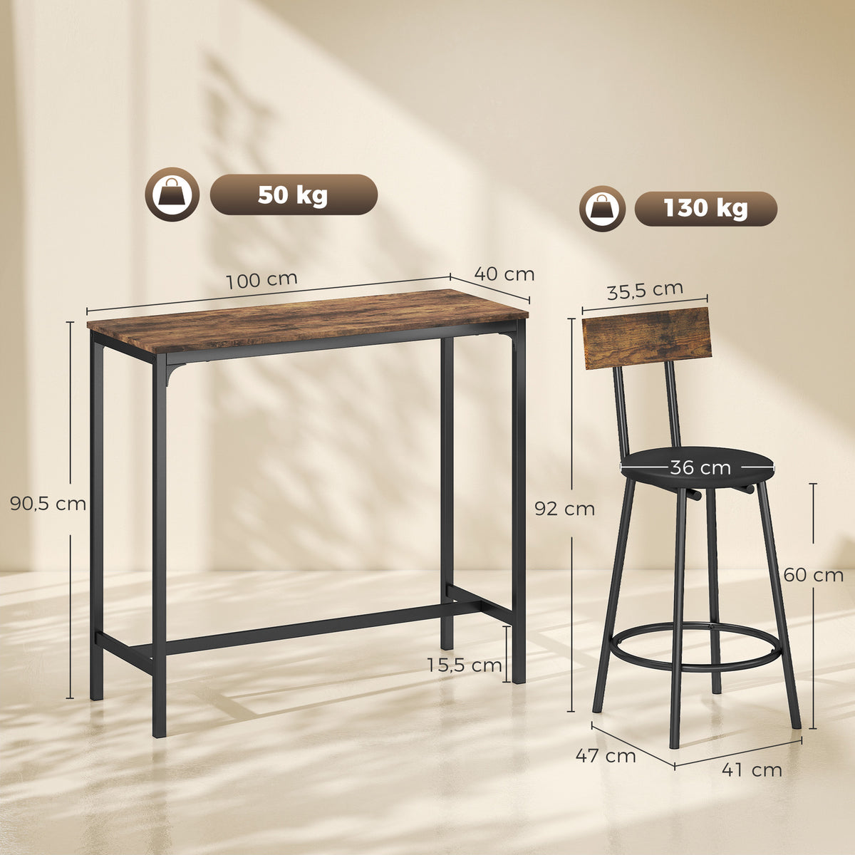 HOMCOM 3-Piece Bar Table Set Space-Saving Kitchen Table Rustic Brown