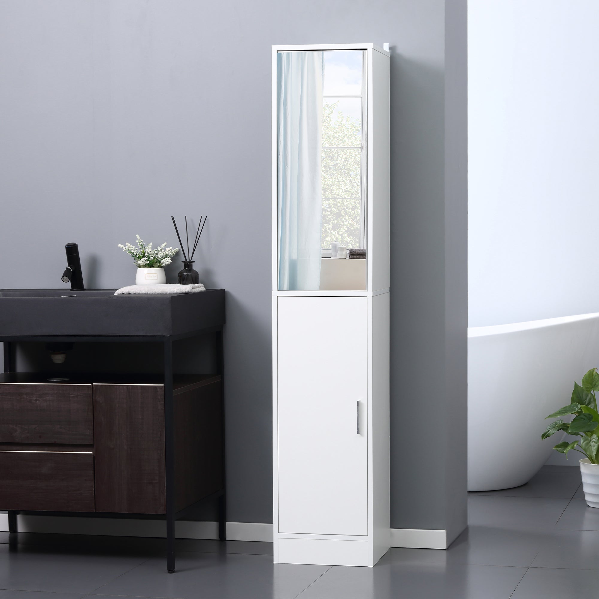 kleankin 5-Shelf Wooden Bathroom Cabinet with Opening Mirror Door, 32x28x162 cm, White
