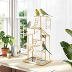 PawHut Parrot Perch with Toys, Ladders, Chains, Bowls, Removable Tray and Perches, Natural Wood