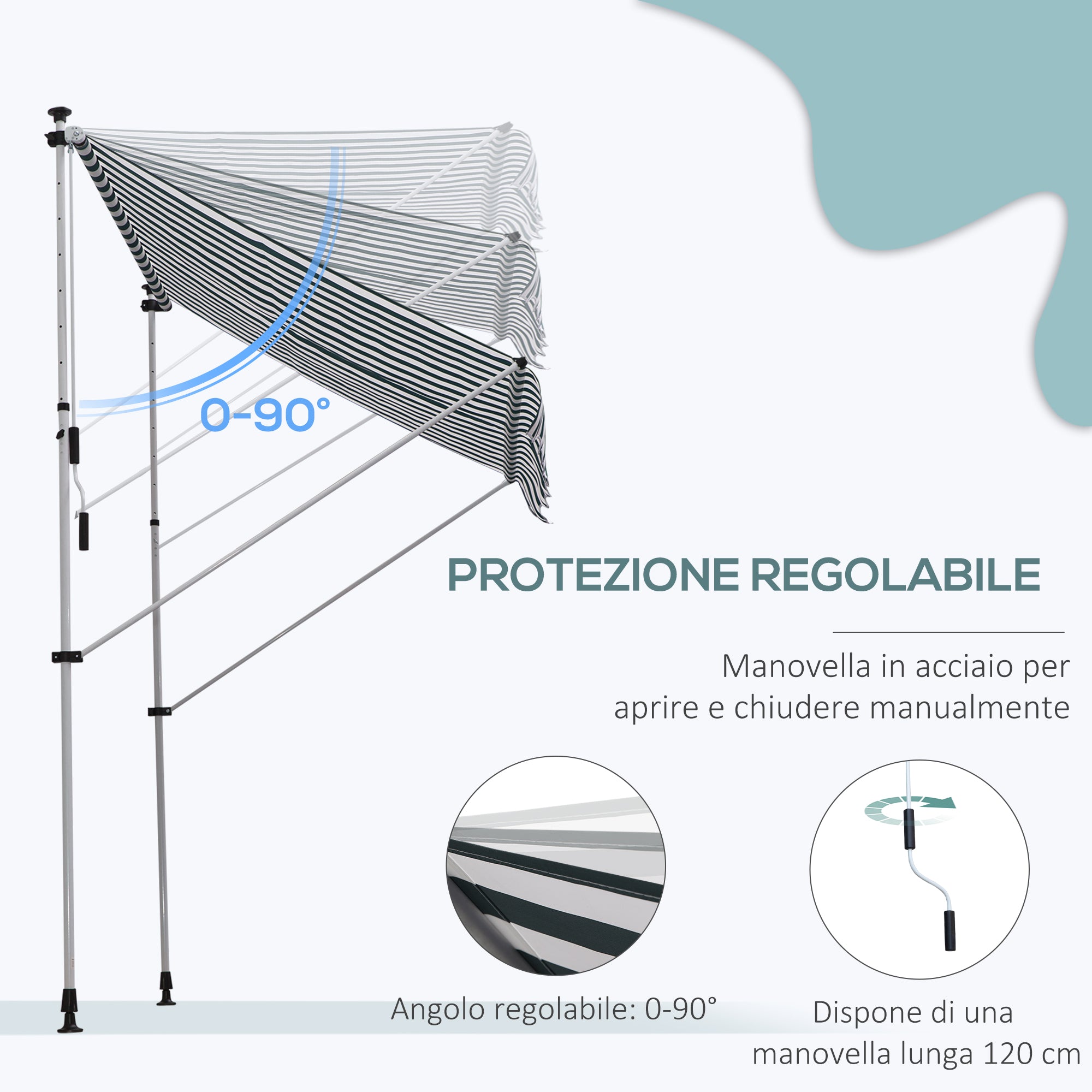 Outsunny 2x1.5m Outdoor Roller Awning with Crank, Adjustable Height and Angle, White and Green