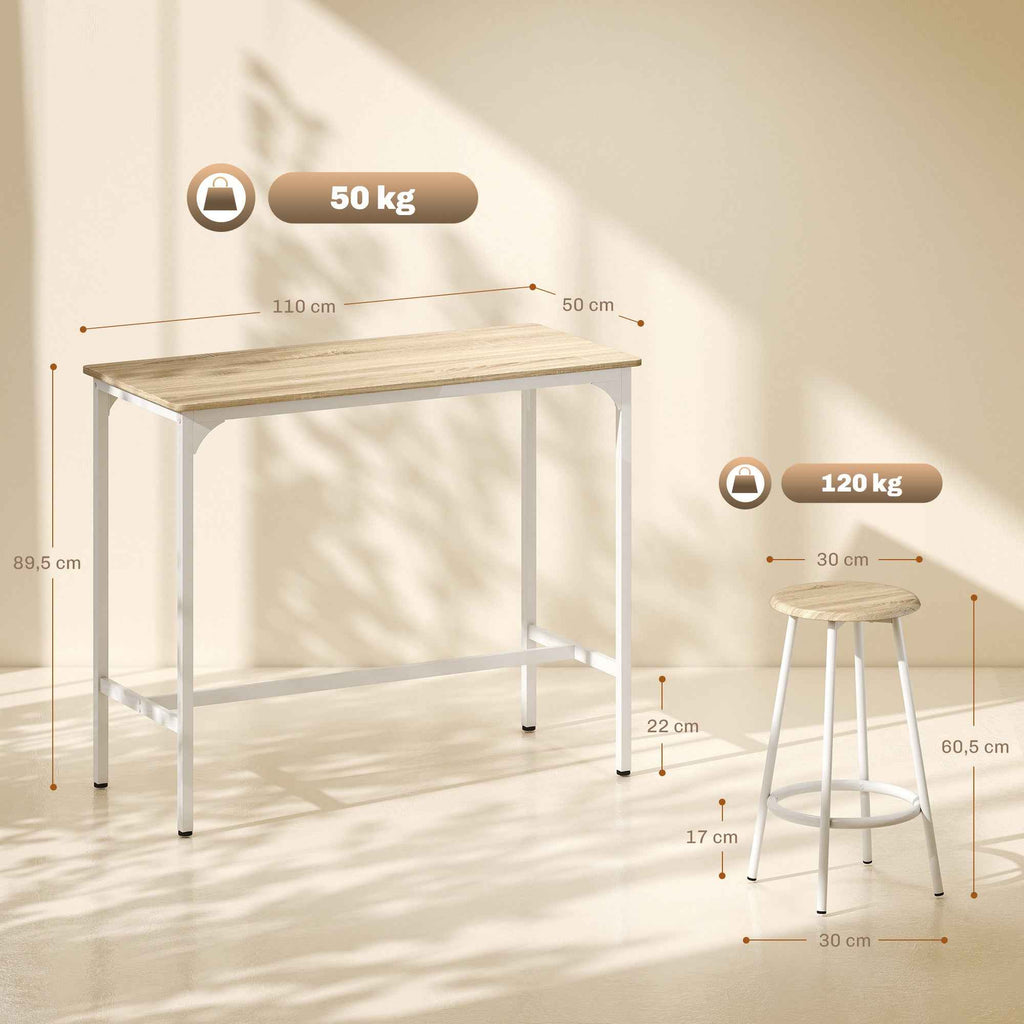 HOMCOM 5-Piece Dining Set with 110x50x89.5cm Bar Counter and Ø30x60.5cm Stools in Wood and Metal, Wood Color