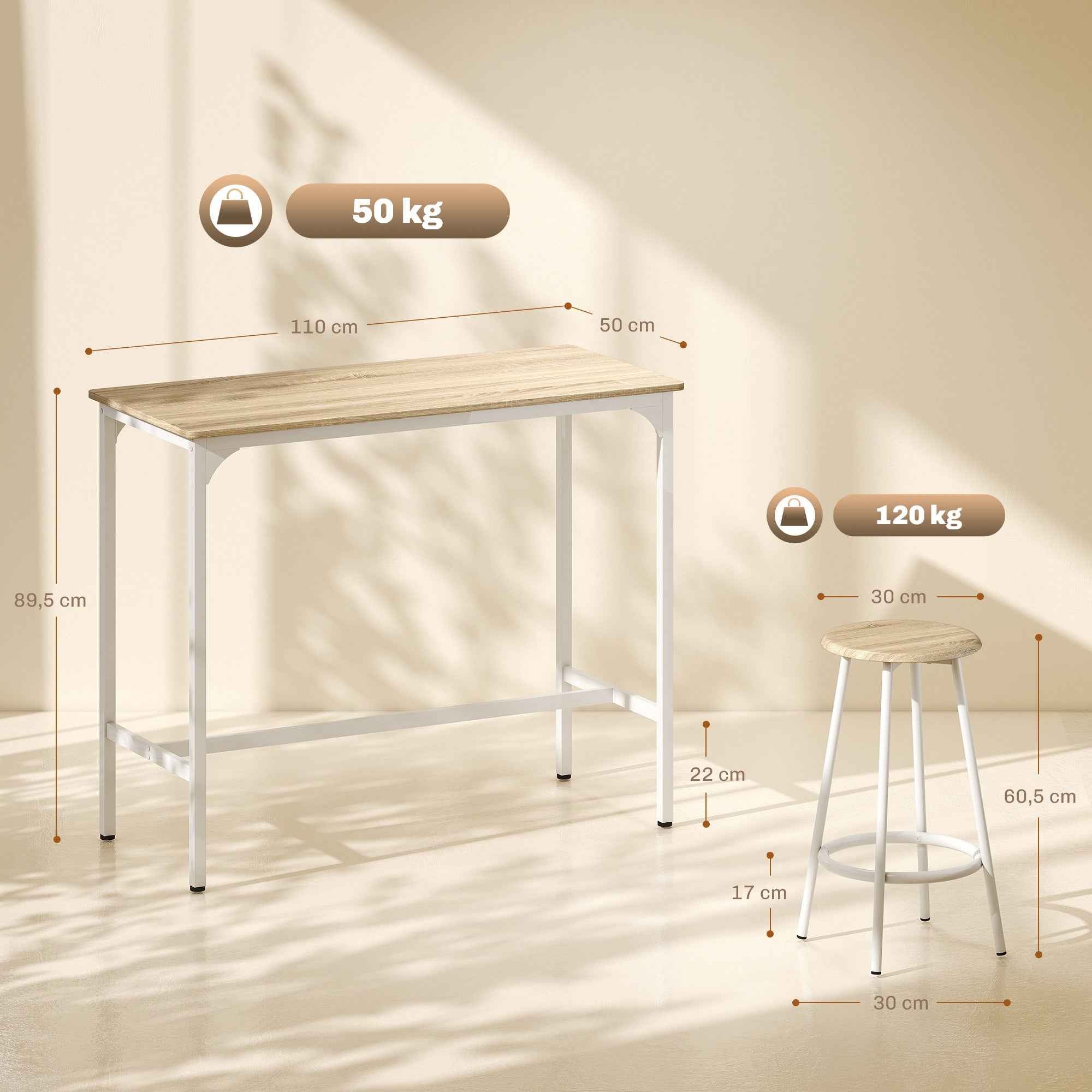 HOMCOM 5-Piece Dining Set with 110x50x89.5cm Bar Counter and Ø30x60.5cm Stools in Wood and Metal, Wood Color