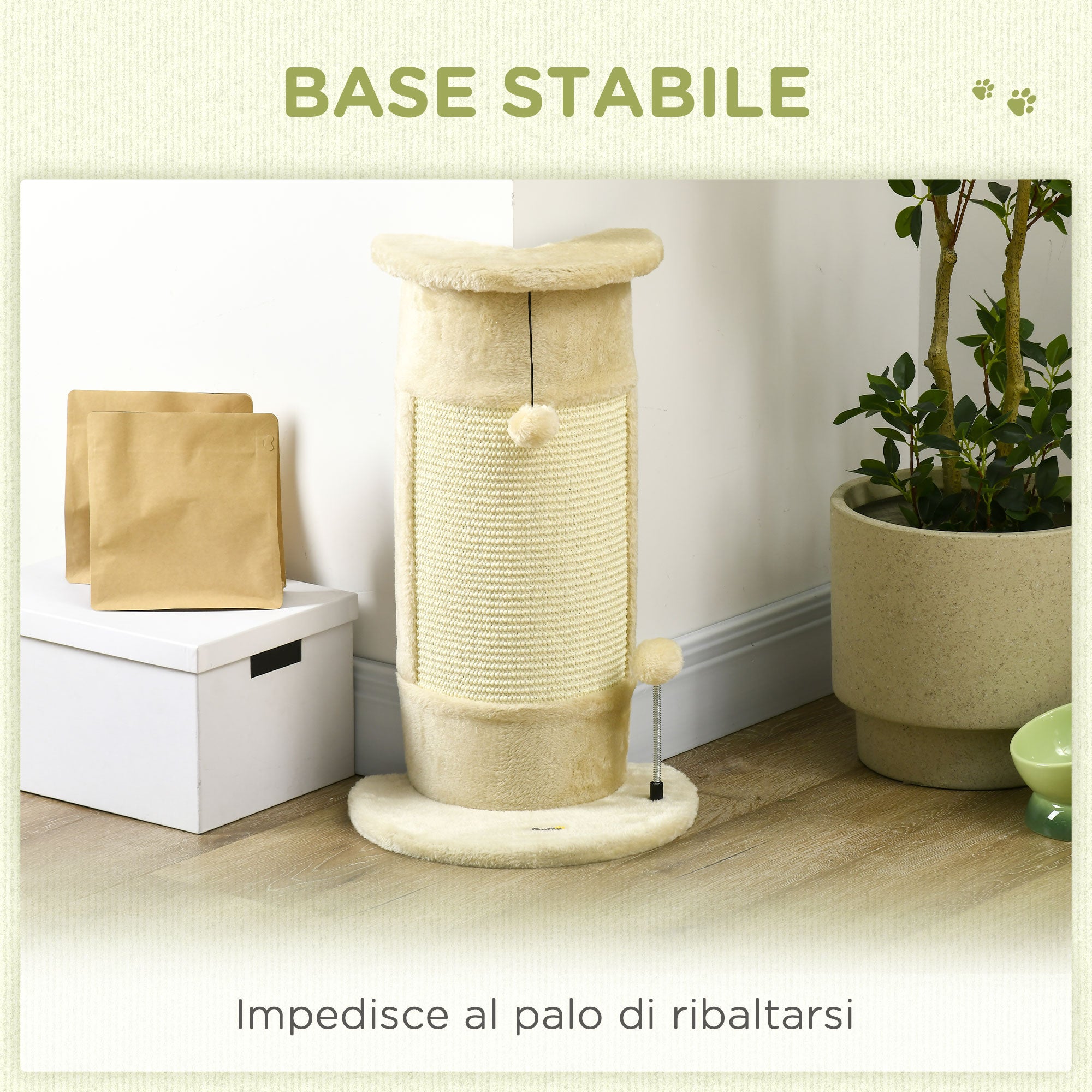 Cat Scratching Post for Cats up to 5kg with 2 Sisal Balls and Plush, 34x25.5x58cm, Beige