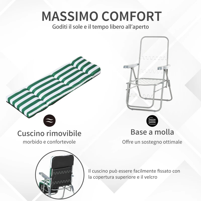 2-Piece Folding and Reclining Beach Chair, Garden Sun Loungers with Padded Cushion, Green and White - Borge' Group Limited