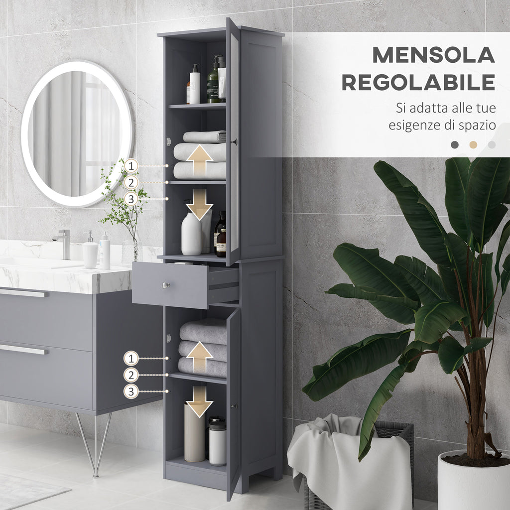Bathroom Column Cabinet Space Saving with Cabinet, Drawer and MDF Shelves, 40x27x171.5cm, Grey